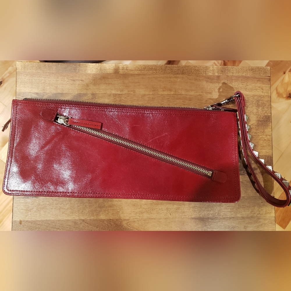 Danier Red Leather Zippered Clutch